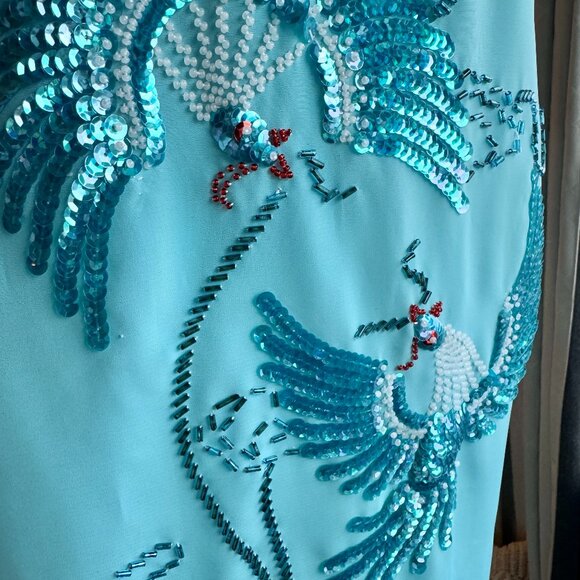 Gorgeous Turquoise Handmade Rhinestone Beaded Crystal Cheongsam Qipao Dress - Picture 9 of 16